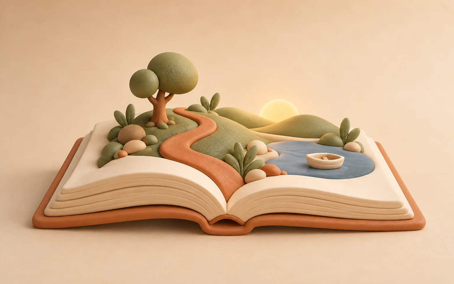 Из раскрытой книги поднимается пейзаж с тропинкой, деревом и лодкой — метафоры и истории